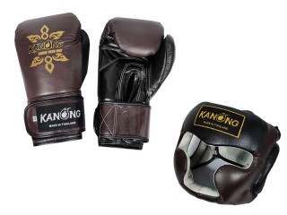 Kanong Cow Skin Leather Boxing Gloves + Head Guard : Brown/Black